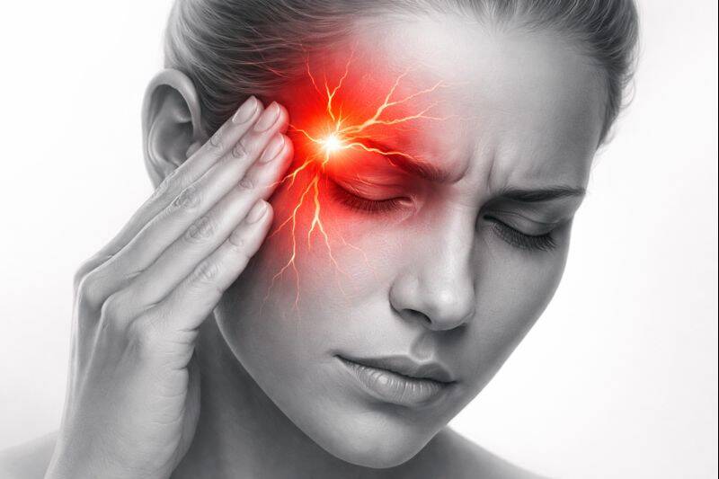 Illustratie van eenzijdige, hevige hoofdpijn rond het oog en de slaap, passend bij clusterhoofdpijn.