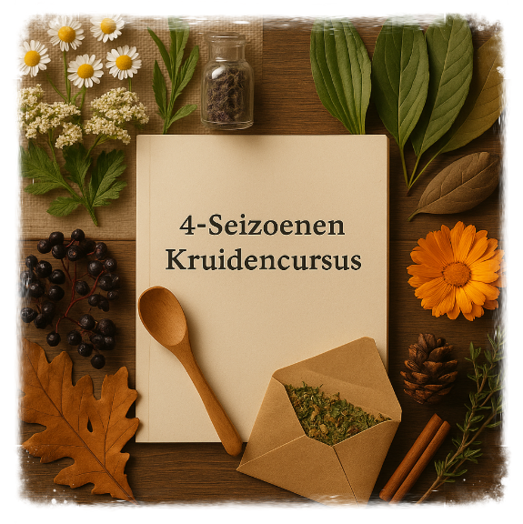 Vier seizoenen kruidencursus met kamille, vlierbloesem, smalle weegbree, walnootblad, vlierbes, goudsbloem, smeerwortel en tijm rond een cursusboekje Noord-Brabant