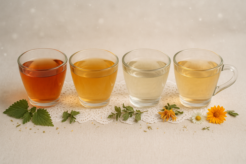 Vier glazen kopjes met verschillende kleuren kruidenthee, omringd door verse kruiden en bloemen op een lichte achtergrond, perfect voor een herfstige kruidenproeverij