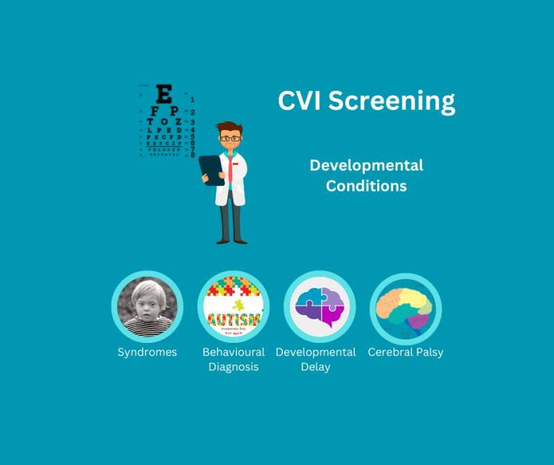 Poster entitled 'CVI screening: developmental conditions' with images showing examples of developmental conditiones associated with CVI