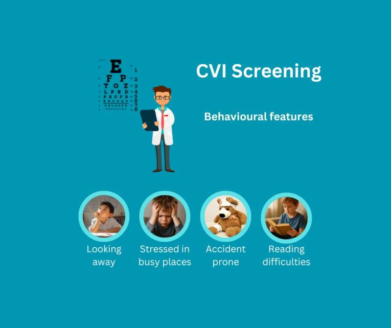 Poster entitled 'CVI screening: introduction' with images of visual behaviours observed in children with CVI