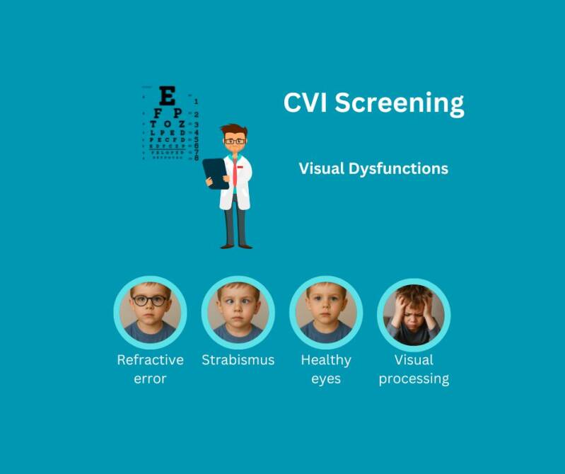 Poster entitled 'CVI screning: Visual dysfunctions' with images illustrating what to look out for during an eye examination