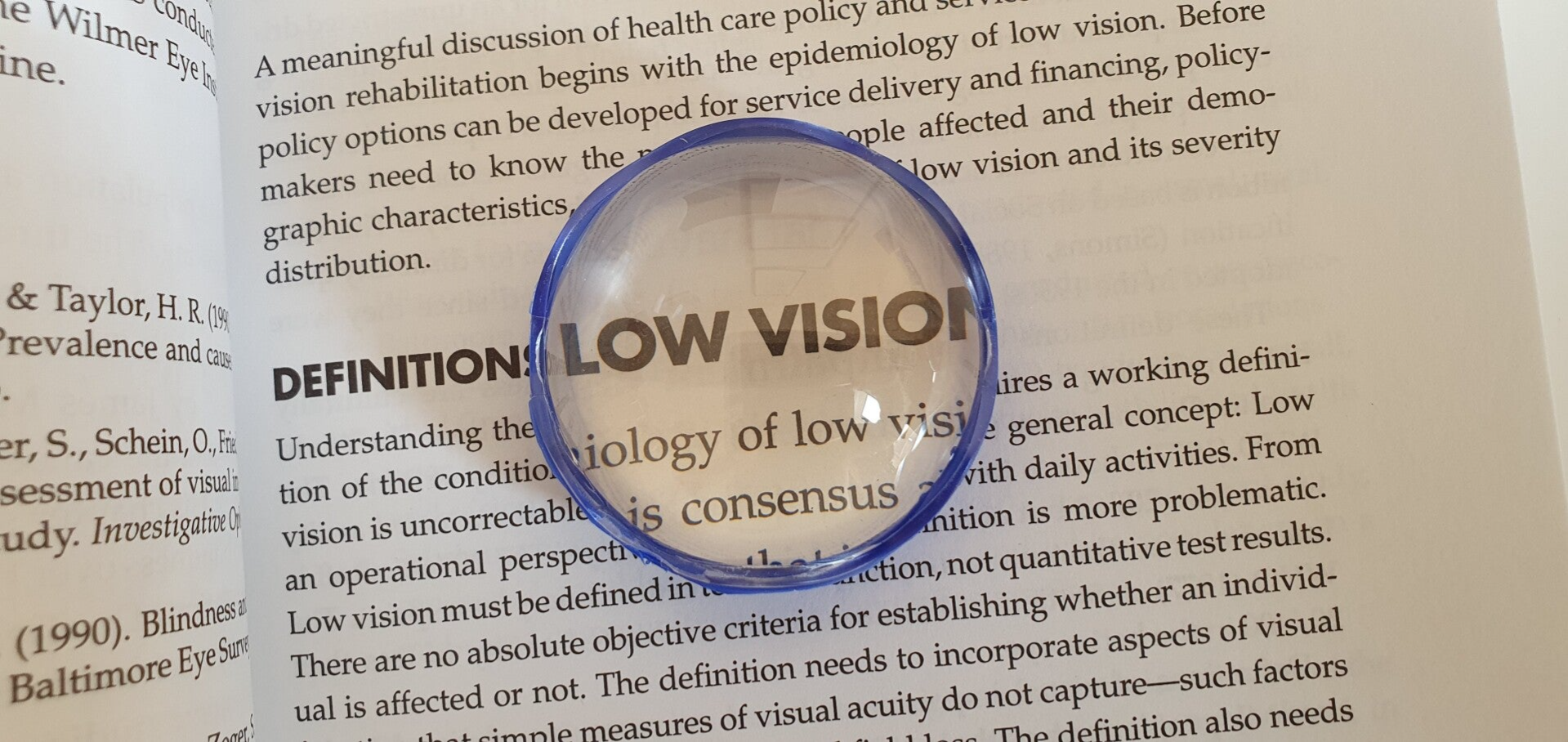 Dome magnifier highlighting the text 'low vision'