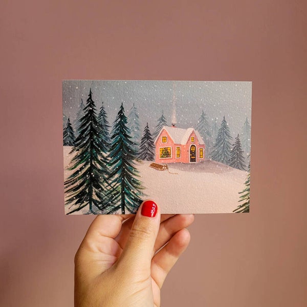 Kerstkaart winterhuisje