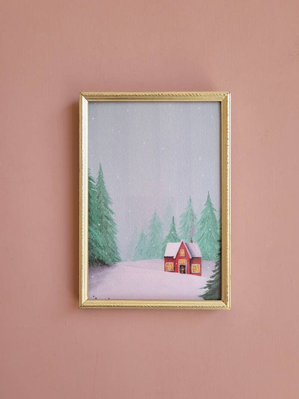 A6 rood winterhuisje in vintage lijstje