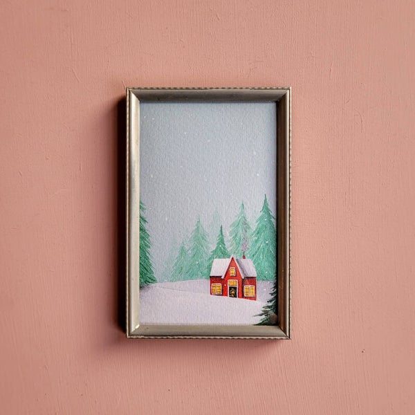 A6 rood winterhuisje in vintage lijst