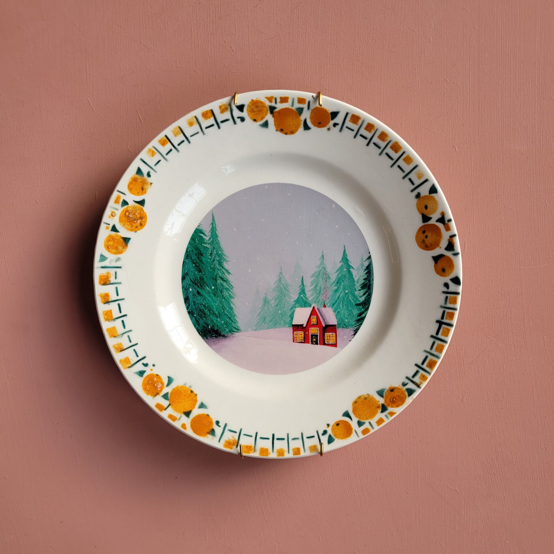 Wandbord rood winterhuisje