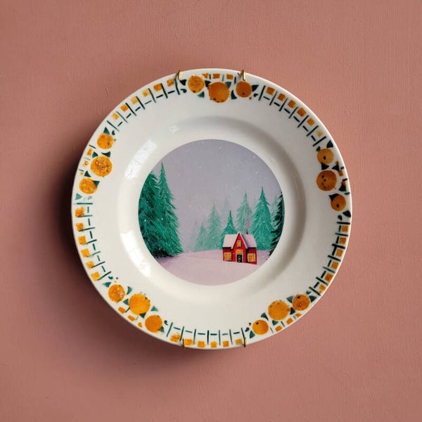 Wandbord rood winterhuisje