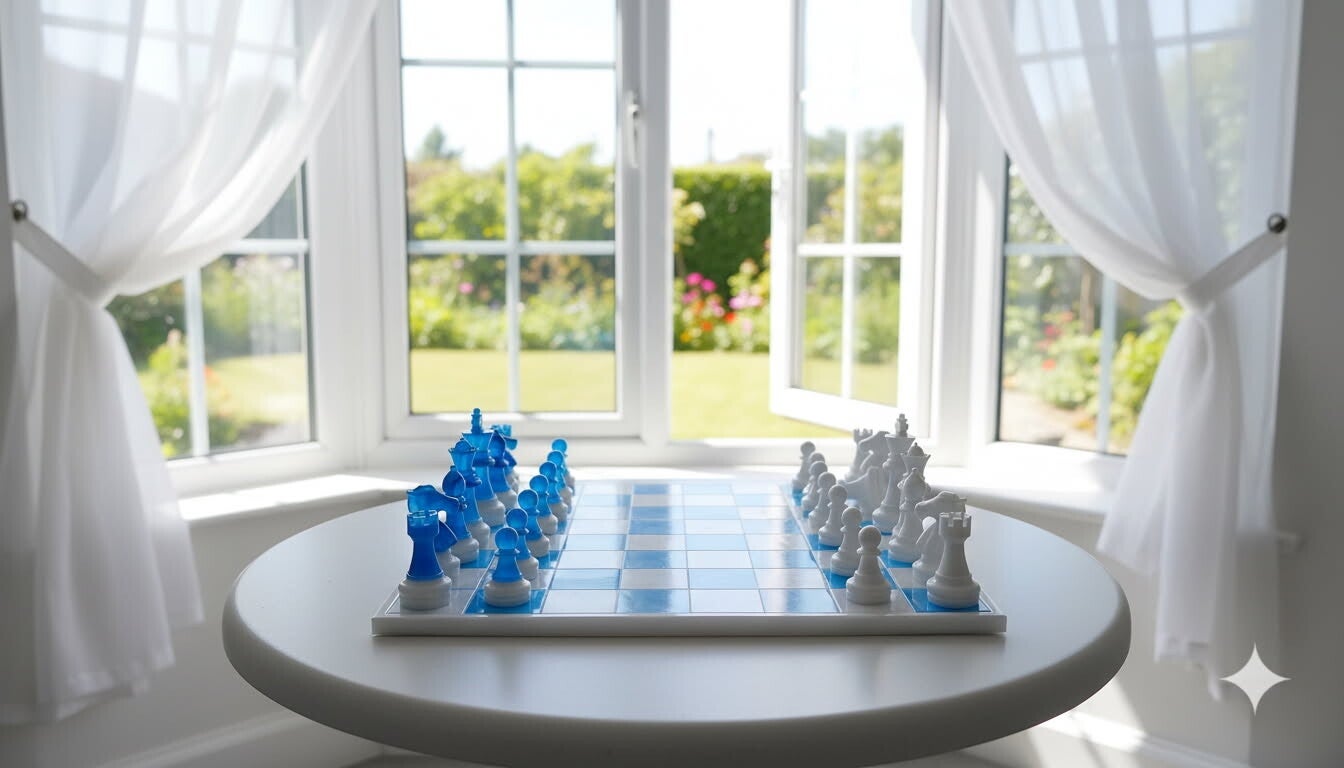 Echiquier. Blanc et or et bleu phosphorescent