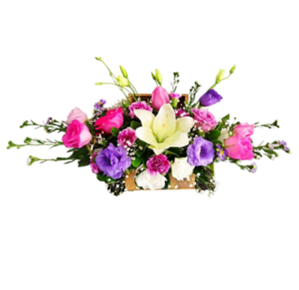 Arreglo lisianthus con rosas y lirios, dólar de complemento