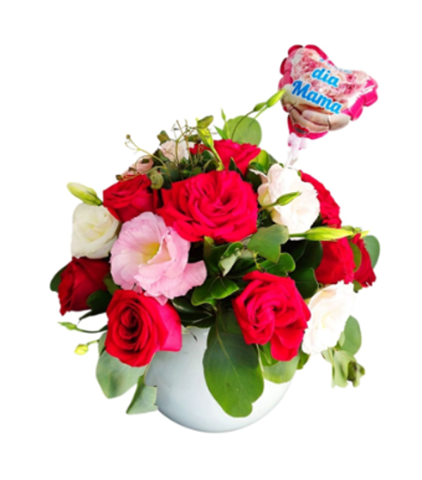 Bouquet de rosas y lisianthus en pecera de cristal