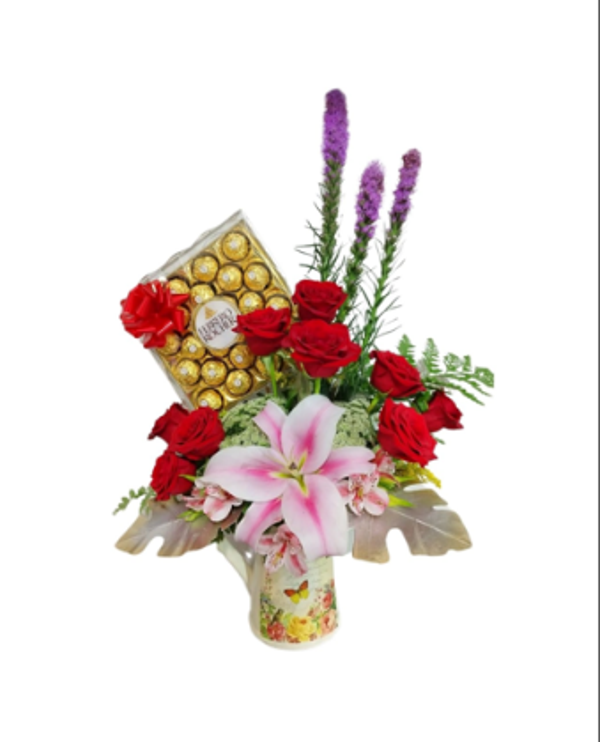 Base cerámica con rosas, chocolate y stargeiser al centro