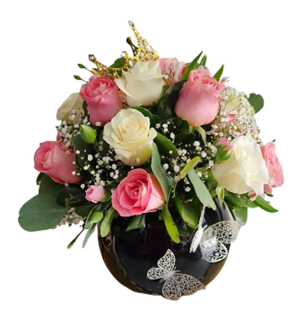 Pecera, bouquet floral, rosas, astromelias y gipso