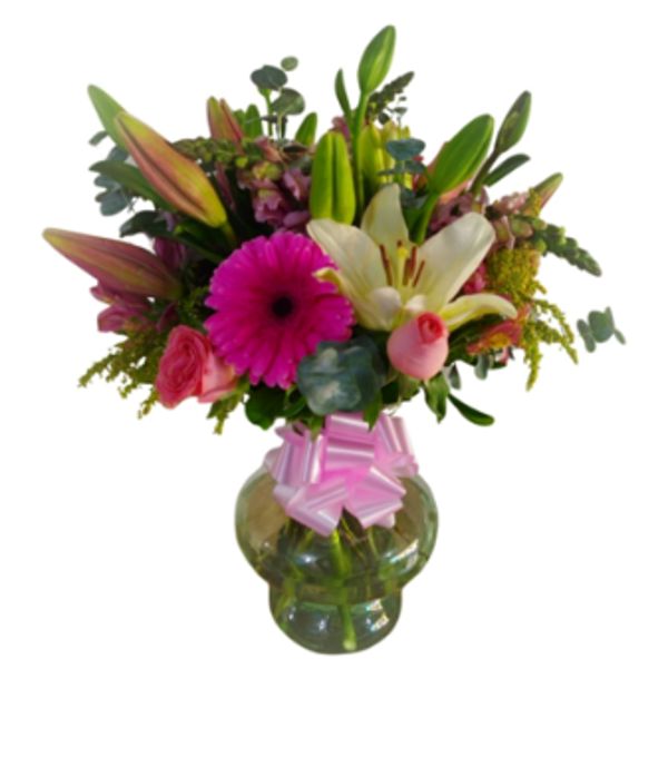 Florero de cristal con elegantes lirios + gerbera y rosas