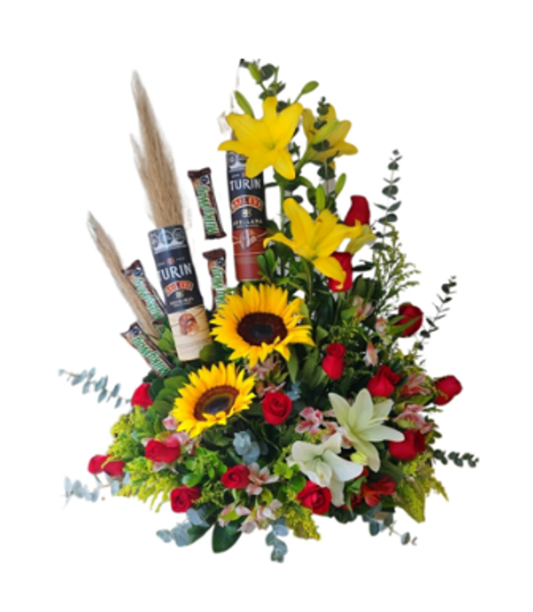 Arreglo clásico de girasoles, rosas y lirios  + chocolate