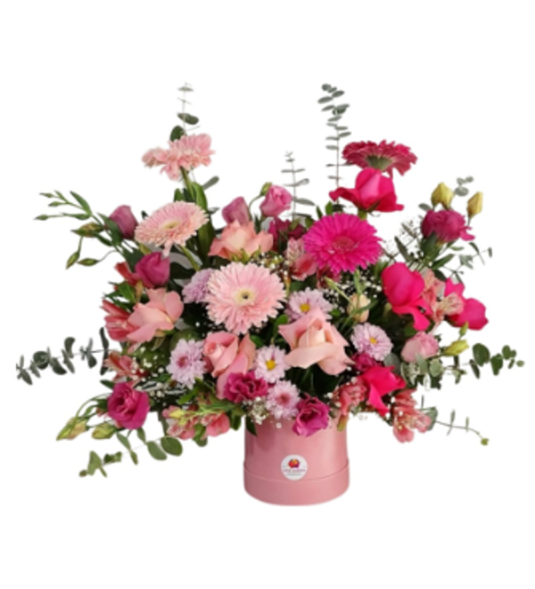Box flowers + rosas + gerberas y claveles con folloje