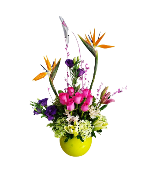 Pecera en forma de bouquet de rosas con aves