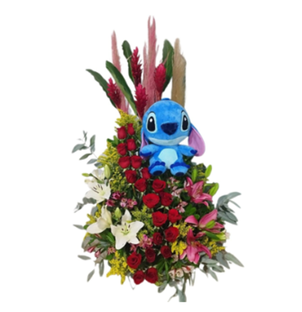 Espiral con peluche + lirios y hawaianas