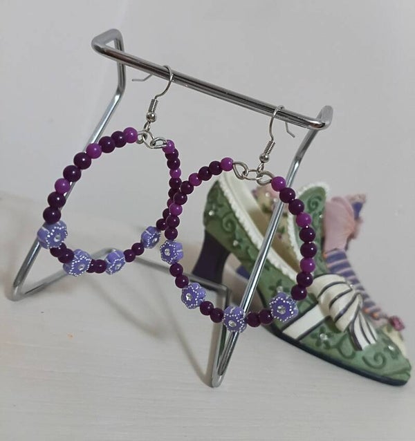 Purple Beaded Hoop Earrings