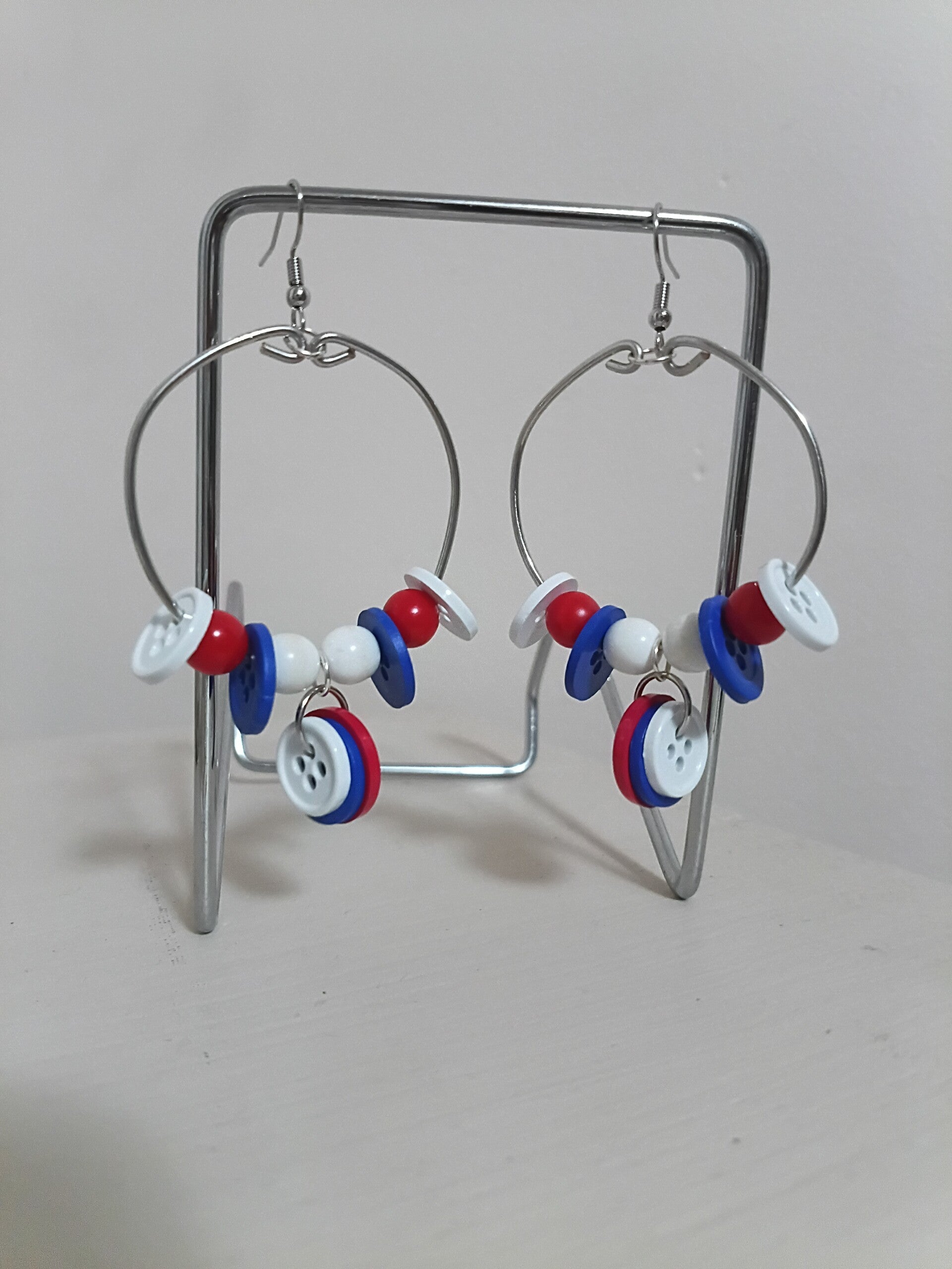 Handcrafted Red White Blue Beaded Button Hoop Earrings