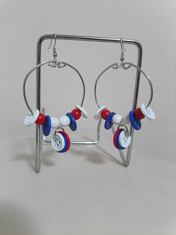 Handcrafted Red White Blue Beaded Button Hoop Earrings