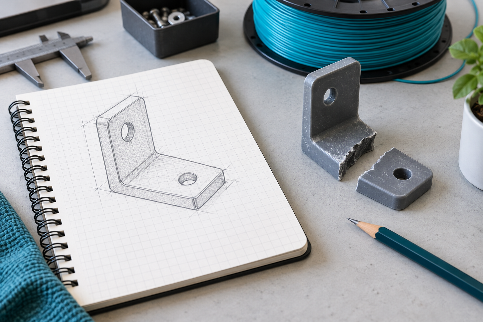Illustration : croquis et pièce cassée pour présenter un projet d’impression 3D.