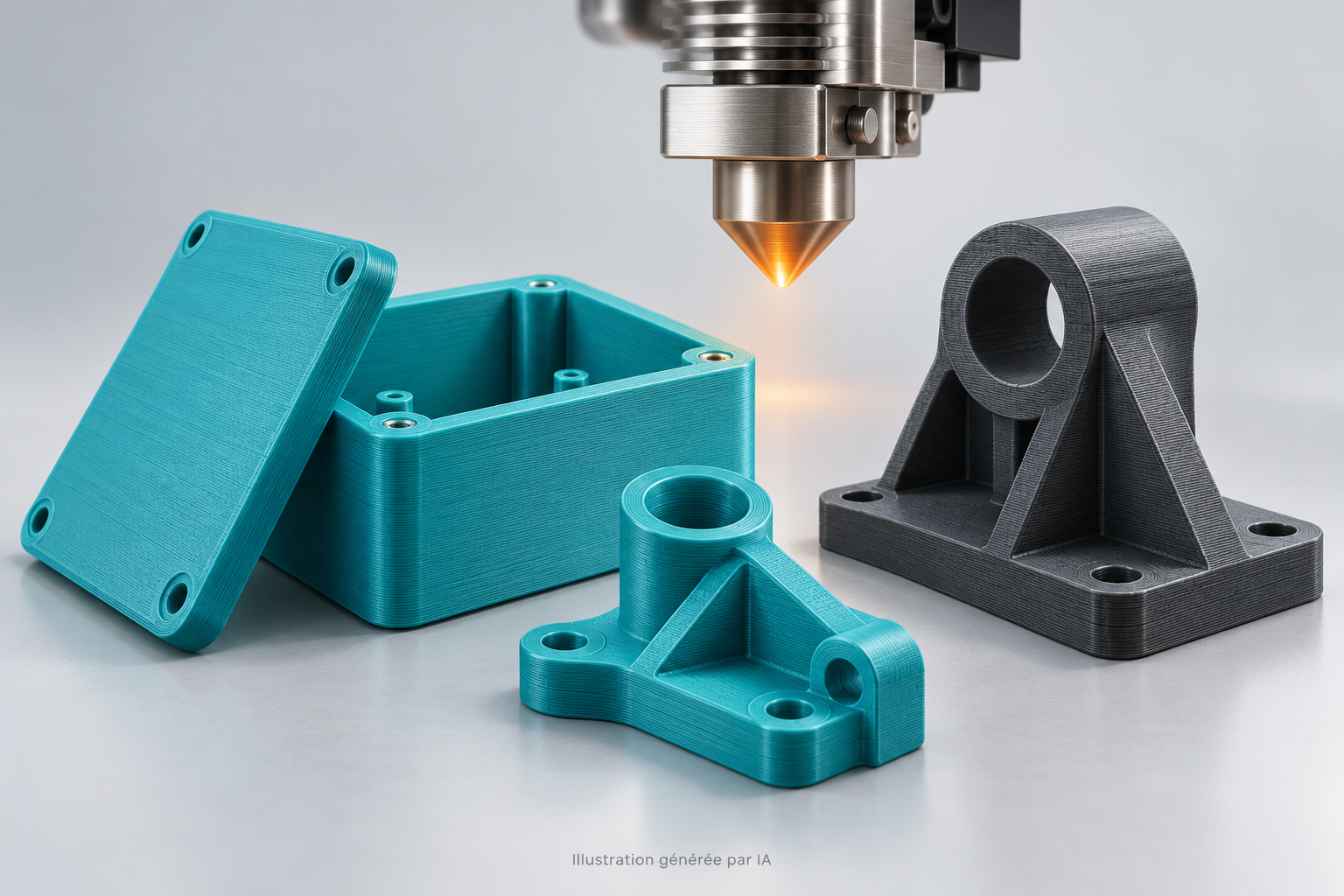 Illustration générée par IA : boîtier turquoise et supports imprimés en 3D, sous une buse conceptuelle, sur fond gris.