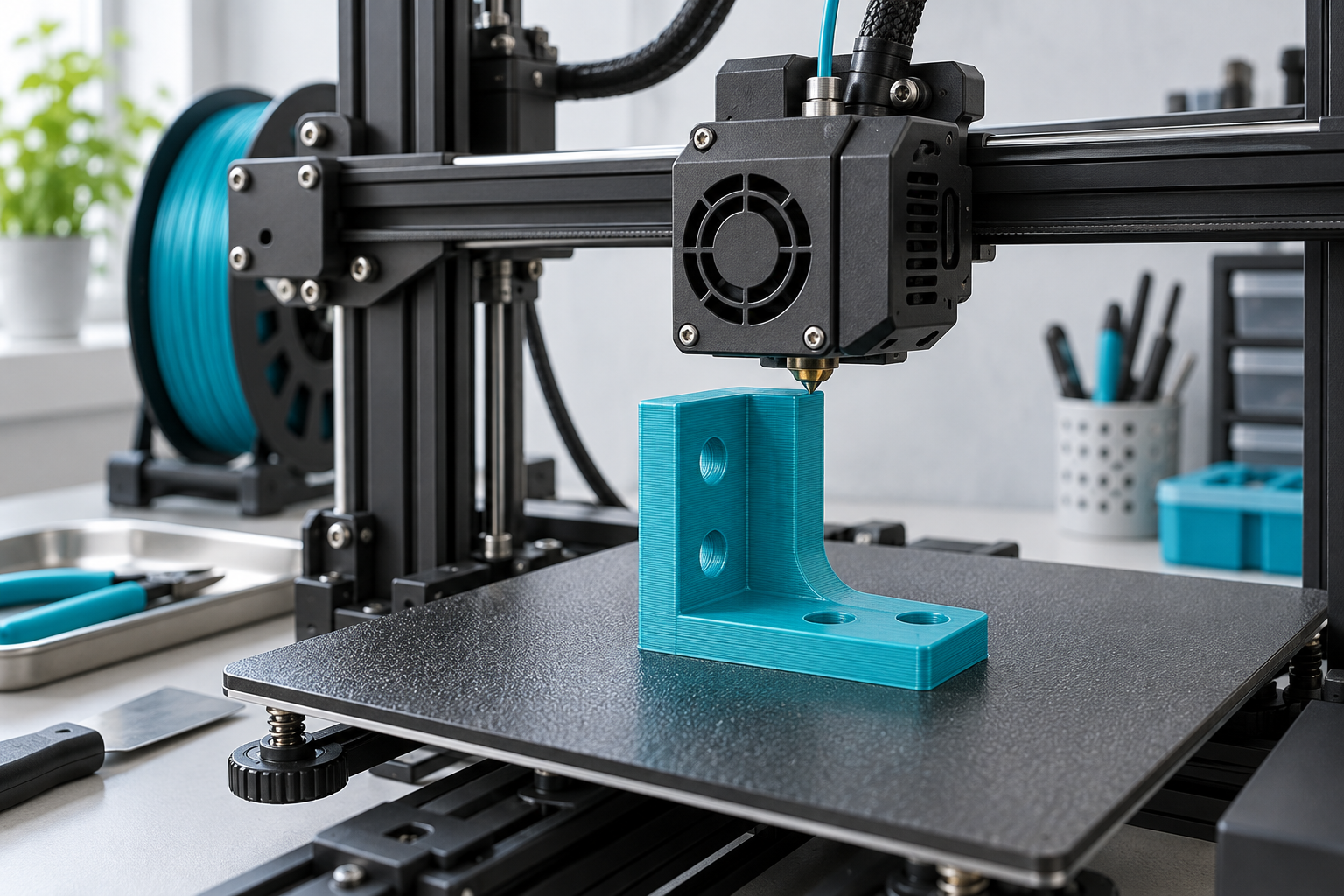 Illustration : imprimante 3D FDM fabriquant une pièce en filament turquoise.