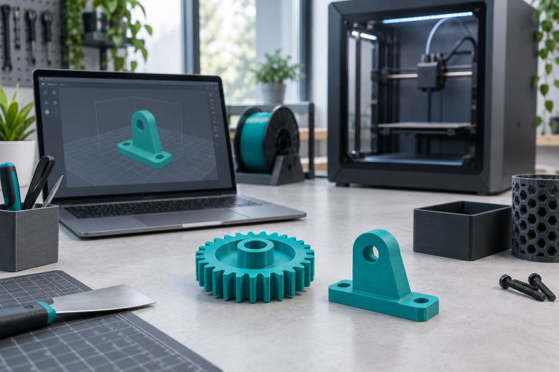 Illustration générée par IA : modèle 3D sur ordinateur, imprimante et pièces fonctionnelles turquoise.