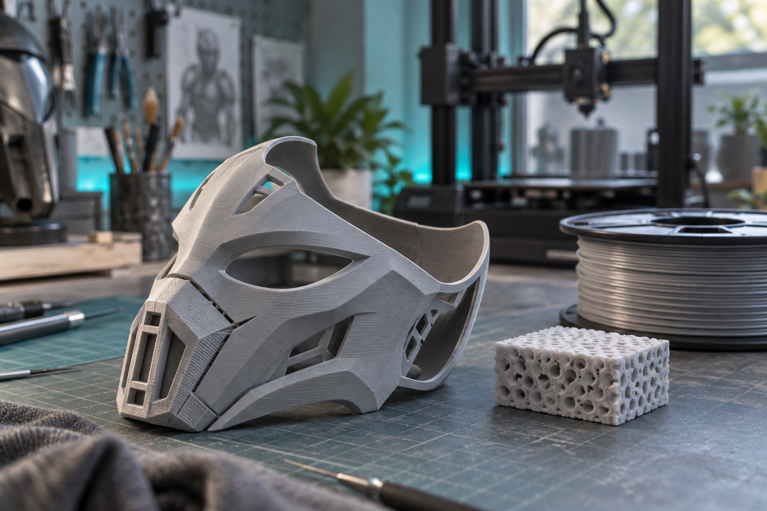 Illustration générée par IA d’un masque de cosplay gris, d’une bobine et d’une imprimante 3D dans un atelier turquoise.