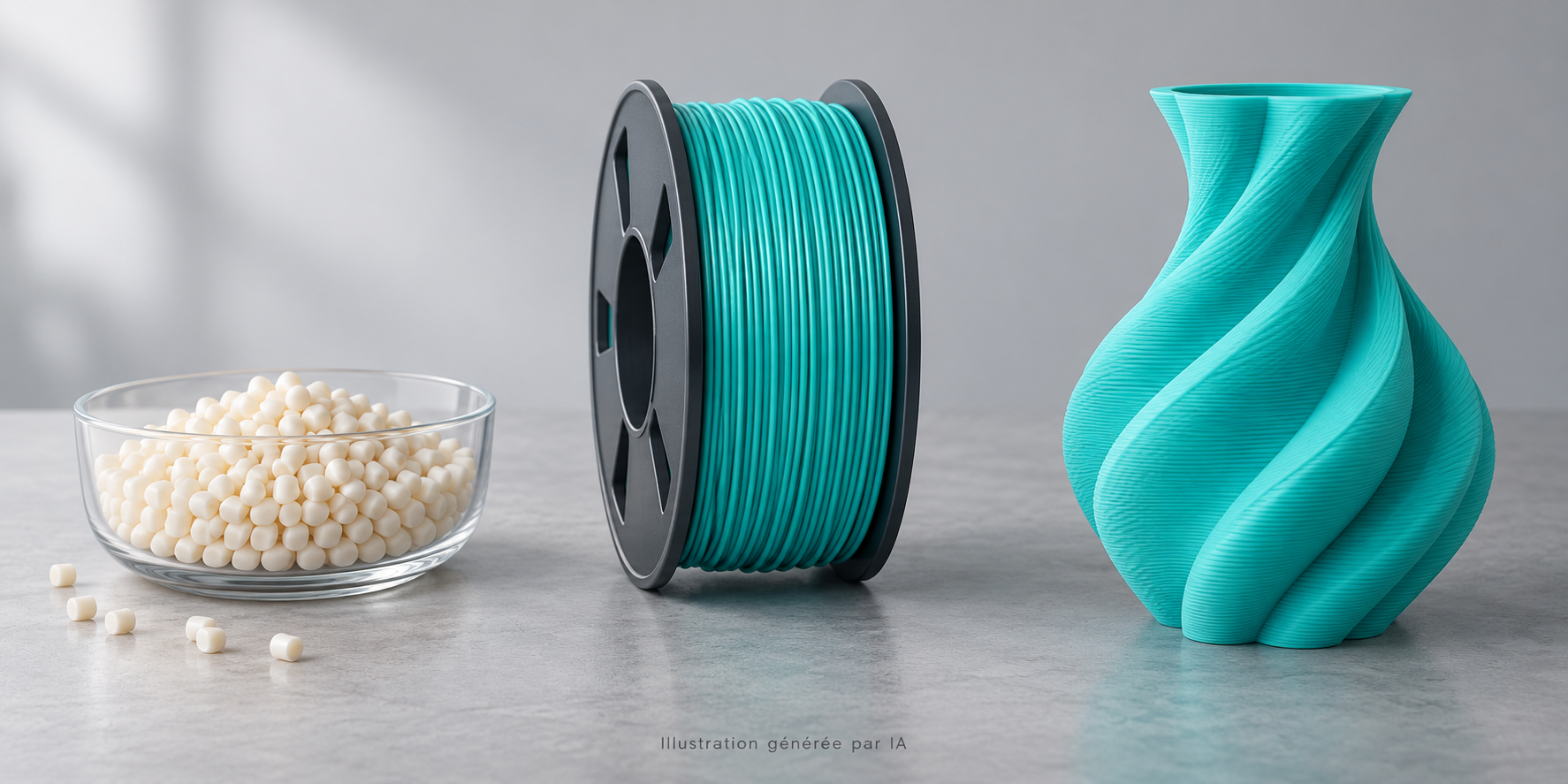 Illustration générée par IA : granulés de polymère clairs, bobine de filament turquoise et vase aux couches d’impression 3D visibles.