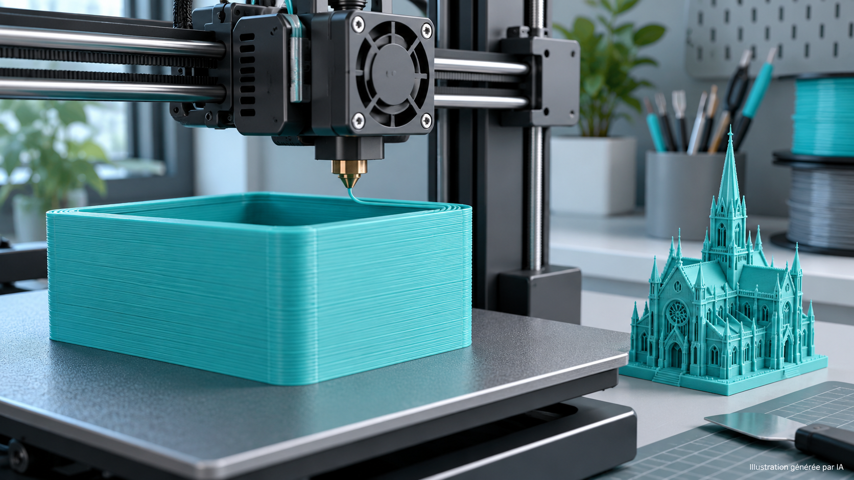 Illustration générée par IA : une imprimante 3D réalise une boîte turquoise à côté d’une petite maquette détaillée, pour illustrer débit et précision.