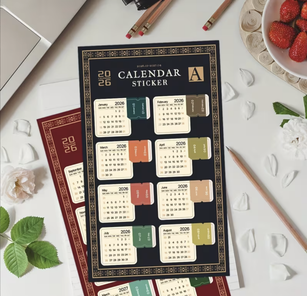 Lot de 2 feuilles d'autocollants de calendrier à rayures rétro - Planification Mensuelle 2026/2027