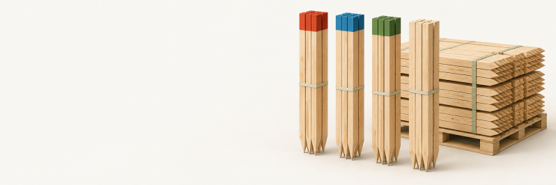 Sfeerillustratie van houten piketten met rode, blauwe, groene en blanco kop, in bosjes en op pallet.
