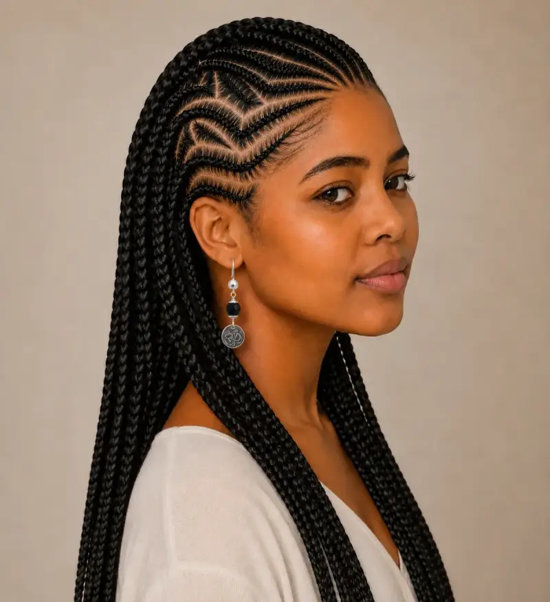 Boxbraids zilveren oorbellen met ogri-ai en zilver muntje met Ohm