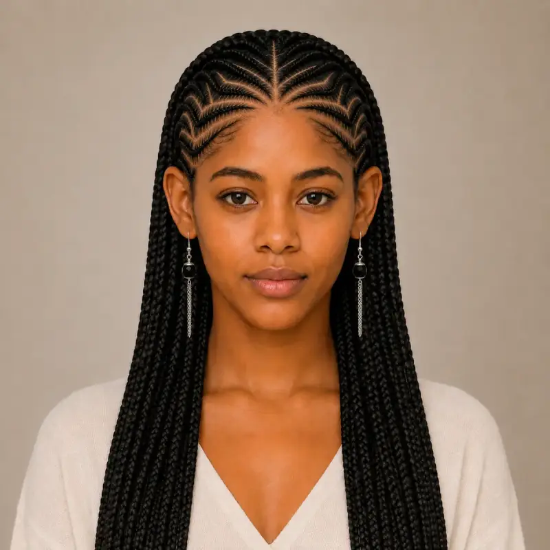 Box en braids, zilveren oorbellen met ogri-ai aan kettinkjes