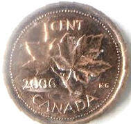 10 B-Queen Elizabeth II, DG Regina, Canada 2006,  1 cent Dia 1.9 th 0.14 cm