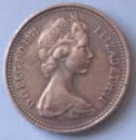 Queen Elizabeth II, DG Regina, 1971 , misprint surface back side has a difference in thickness , one new penny, Dia 2.03 th 0.15 cm