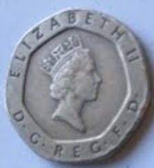 queen Elizabeth the second,  1989  , twenty  pence. dia 2.14 th 0.17 cm