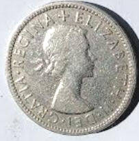 Queen Elizabeth II , 1956 , Two Shilling, Dia 2.84,  Th 0.21 cm