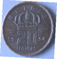 Belgie , 1954 , 20 centimes  brons , Dia 1.17 Th 0.11 cm