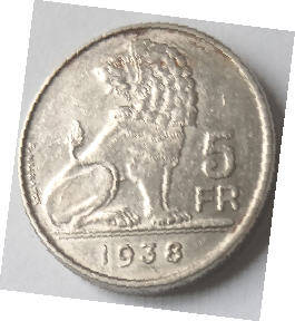 Belgium coin, 1938 ,5 Fr , Dia 2.53 Th 0.24 cm