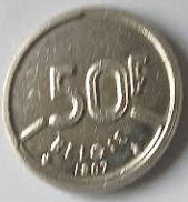 Belgium coin, 1987 , 50 Fr , Dia 2.42  Th 0.22 cm