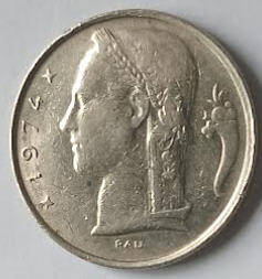 Belgium coin, 1974 , 5 Fr , Dia 2.40 Th 0.17 cm