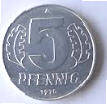DDR 12 -  1975 , 5 Pfenning , DIa 1.90 , Th 0.16 CM