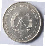 DDR 7 - Berlin Hauptstad der DDR . 1971 , 5 Mark, Dia 2.90 , Th 0.19 CM