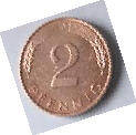 Bundes Republik ,  COPPER ,. 1989 , 2  Pfennig , Dia 1.93 Th 0.14  CM