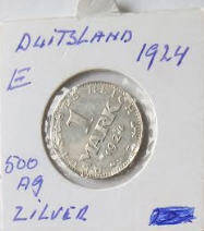 Deutsches Reich =Zilver -  , 1924 , 1 Mark , Dia 2.35  Th 0.15  CM