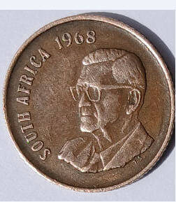 South Africa,, 1968  , 2 c , Dia  2.24th 0,14 cm