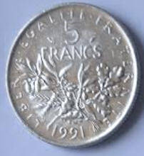 Republique Francais , 1991 , 5 Francs , Dia 2.90  Th 0.20 cm